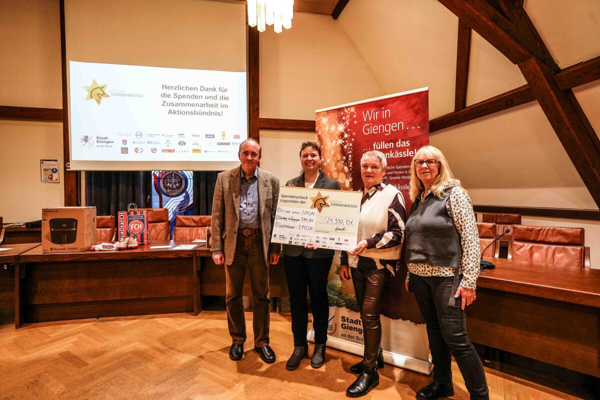 Beim Sternenkässle kommen jedes Jahr einige Spenden für soziale Projekte zusammen. Im Jahr 2025 waren es knappe 25.000 Euro, die von Schirmherrin Simone Henle (zweite von links) mit den Projektinititatoren Karlheinz Rößler (links), Karin Häußler und Ursula Sauter (rechts) übergeben werden konnten. 