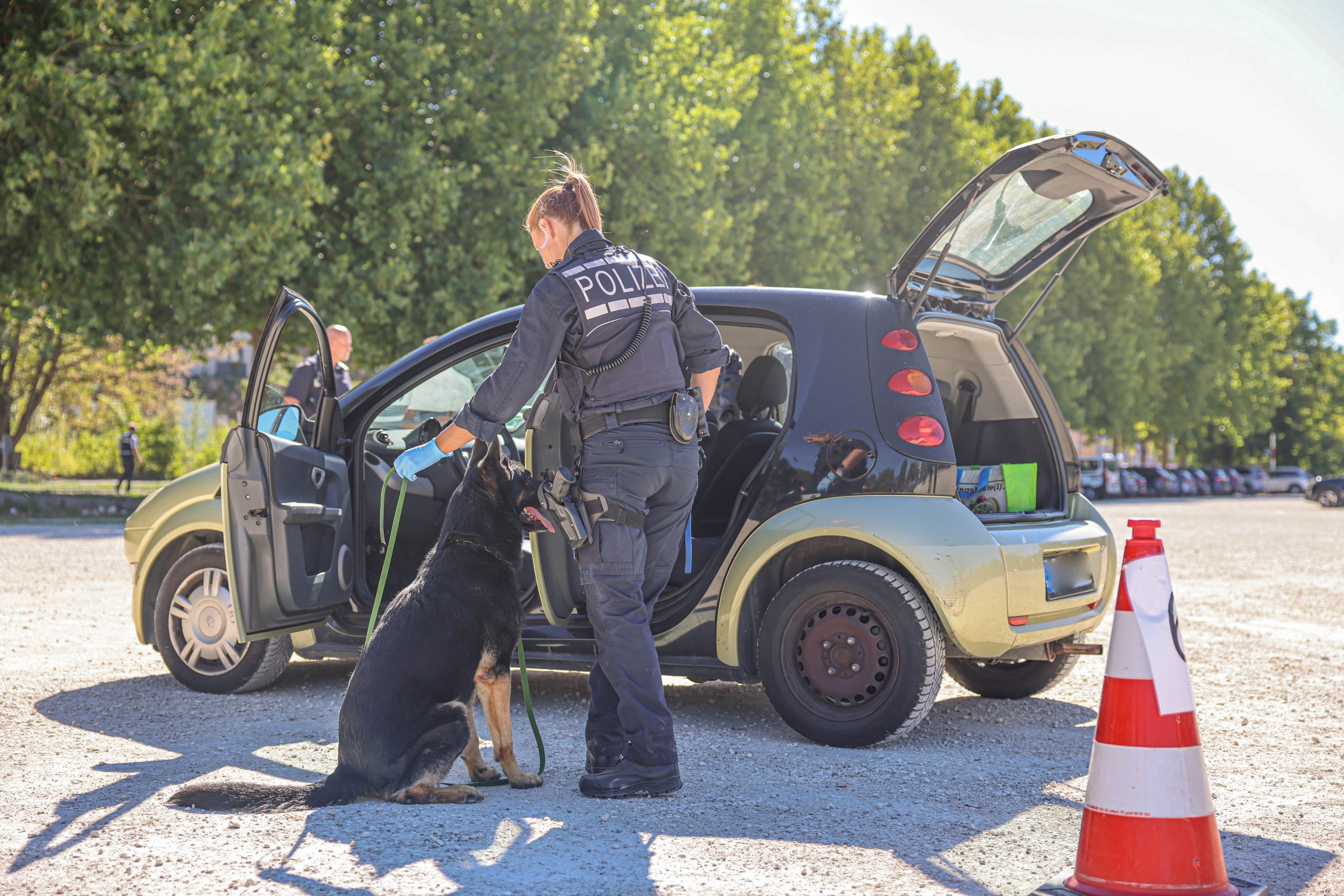 Mithilfe von Hunden werden verdächtige Fahrzeuge näher durchsucht.