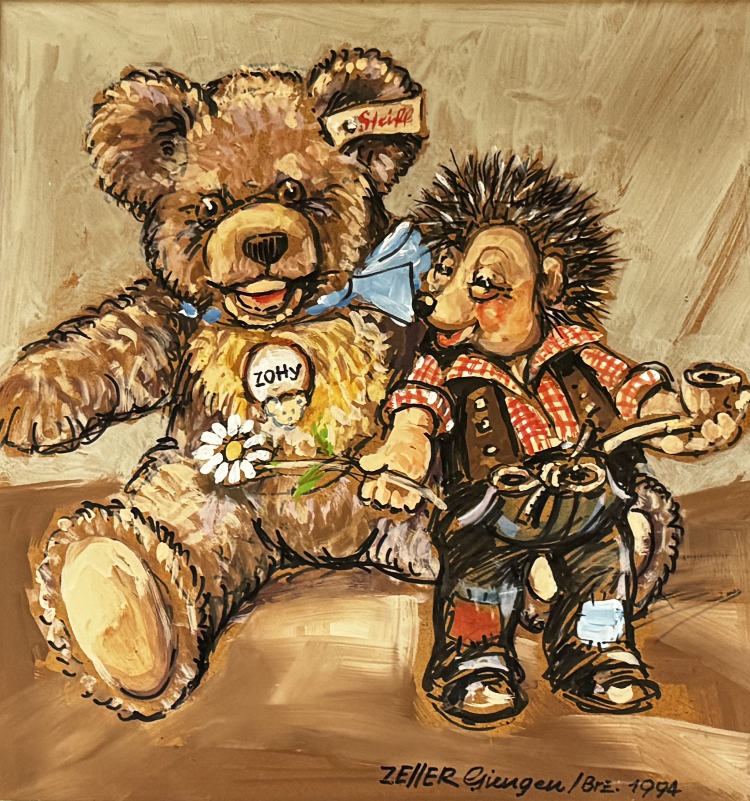 Zellers zwei bekanntesten Designs: der Steiff-Bär Zotty und Mecki, der Igel.