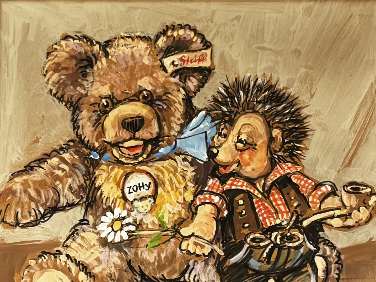 Zotty & Mecki Zellers zwei bekanntesten Designs: der Steiff-Bär Zotty und Mecki, der Igel.