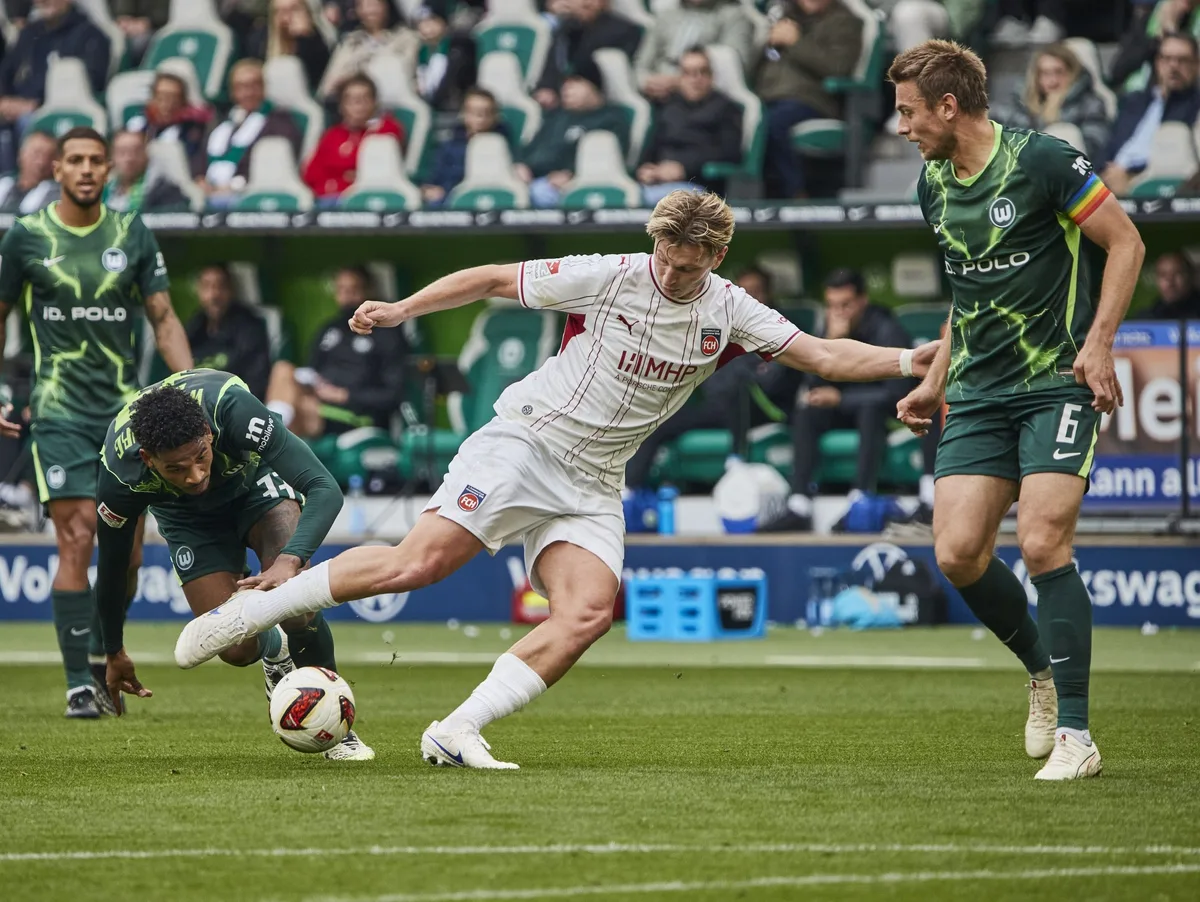 VfL Wolfsburg vs. 1. FC Heidenheim 1846, 2. Fussball Bundesliga, 2. BL, 2. Buli, Volkswagen Arena, Zweite Bundesliga, 8. Spieltag, Saison 2026/2027, 17.10.2026 Oft im Zentrum des Geschehens: Stürmer Alessandro Vogt vom 1. FC Heidenheim (am Ball) hatte im Spiel beim VfL Wolfsburg um deren Kapitän Hauke Wahl (rechts) einige starke Szenen.