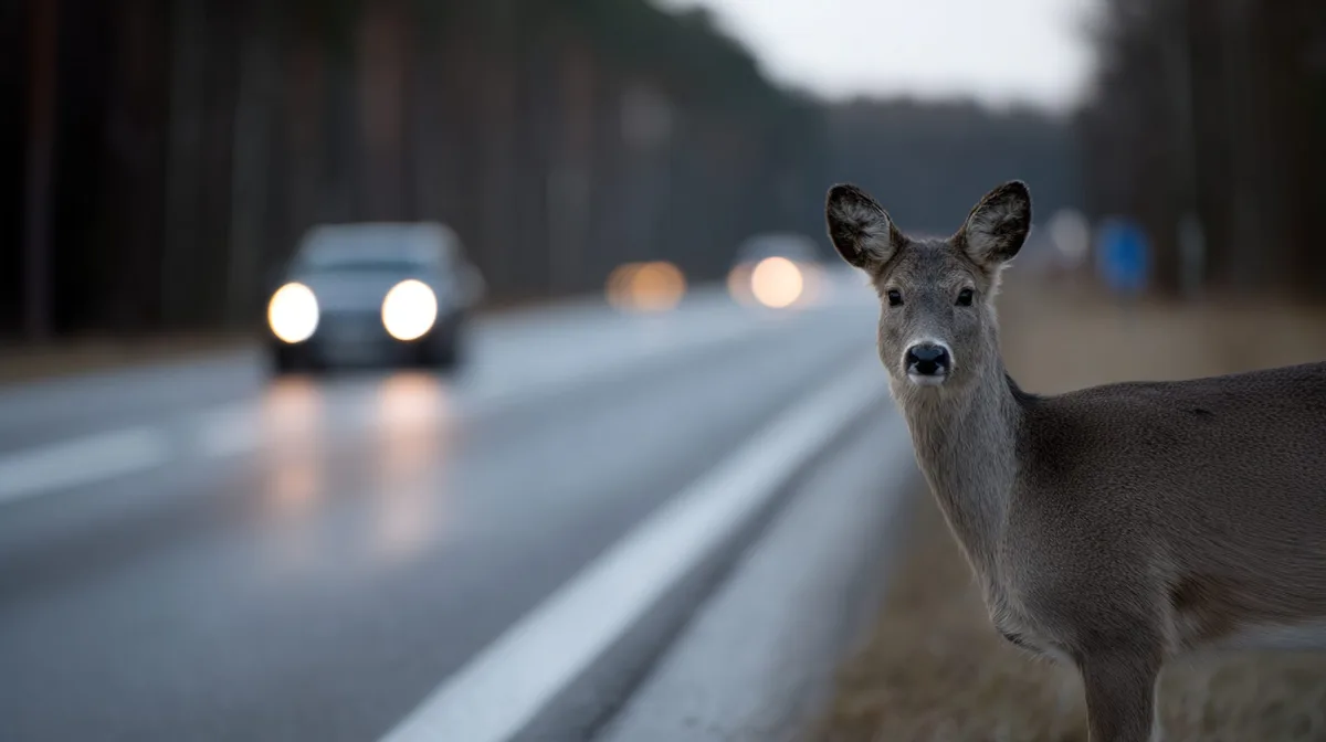 Ein Reh bei Dämmerung am Straßenrand, Symbolbild.